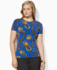 A preppy equestrian-inspired print adorns a soft cotton jersey crewneck plus size tee. A preppy equestrian-inspired print adorns a soft cotton jersey crewneck plus size tee.
