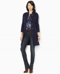 Steeped in military inspiration, Lauren Jeans Co.'s chic lambswool-blend sweater coat is finished with gold-tone buttons and epaulets at the shoulders. Steeped in military inspiration, Lauren Jeans Co.'s chic lambswool-blend sweater coat is finished with gold-tone buttons and epaulets at the shoulders.