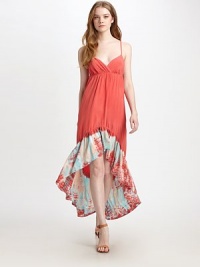 Vibrant silk in a gorgeous maxi silhouette tailored with an asymmetrical hem and pretty tie-dyed ruffle.Spaghetti strapsV necklineEmpire waistRuffled hem is longer in backAbout 28 from natural waistSilkDry cleanPattern variesMade in USA of imported fabricModel shown is 5'10 (177cm) wearing US size Small. Vibrant silk in a gorgeous maxi silhouette tailored with an asymmetrical hem and pretty tie-dyed ruffle.Spaghetti strapsV necklineEmpire waistRuffled hem is longer in backAbout 28 from natural waistSilkDry cleanPattern variesMade in USA of imported fabricModel shown is 5'10 (177cm) wearing US size Small.