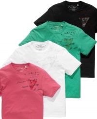 Get it in writing. No one will doubt your smooth style with this casual T-shirt from Guess. Get it in writing. No one will doubt your smooth style with this casual T-shirt from Guess.