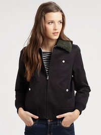 Contemporary spin on the classic bomber jacket, this relaxed cotton topper has contrasting faux shearling trim and buttoned pockets. Faux shearling collarSingle buttoned besom chest pocketLong sleeves with elbow patchesBanded cuffs and hemFront zipperButtoned slash pocketsAbout 21 from shoulder to hemBody: CottonTrim: ViscoseDry cleanImported of Italian fabricModel shown is 5'10 (177cm) wearing US size Small. Contemporary spin on the classic bomber jacket, this relaxed cotton topper has contrasting faux shearling trim and buttoned pockets. Faux shearling collarSingle buttoned besom chest pocketLong sleeves with elbow patchesBanded cuffs and hemFront zipperButtoned slash pocketsAbout 21 from shoulder to hemBody: CottonTrim: ViscoseDry cleanImported of Italian fabricModel shown is 5'10 (177cm) wearing US size Small.