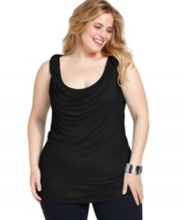 A draped neckline lends a chic appeal to Jones New York Signature's sleeveless plus size top-- it's a must-have basic for the season! A draped neckline lends a chic appeal to Jones New York Signature's sleeveless plus size top-- it's a must-have basic for the season!