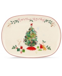 A holly motif drawn from the classic Holiday dinnerware pattern combined with colorful new depictions of the Christmas season makes this Holiday Illustrations platter a festive addition to any table. Adorned with the gift of friends, the joy of family. A holly motif drawn from the classic Holiday dinnerware pattern combined with colorful new depictions of the Christmas season makes this Holiday Illustrations platter a festive addition to any table. Adorned with the gift of friends, the joy of family.