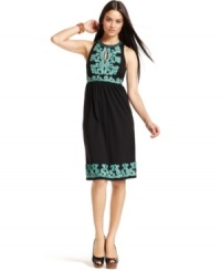 Swirling contrasting ribbon and shiny beading give this INC dress striking appeal. Cutouts at the front and back are a flirty feature while the super-soft jersey fabric makes it fabulous to wear. Swirling contrasting ribbon and shiny beading give this INC dress striking appeal. Cutouts at the front and back are a flirty feature while the super-soft jersey fabric makes it fabulous to wear.