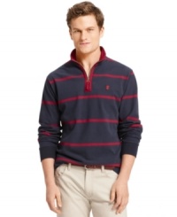 Warm up the fall with this striped and sueded quarter-zip shirt from Izod, an excellent choice for fall barbecues and trips to the shore. Warm up the fall with this striped and sueded quarter-zip shirt from Izod, an excellent choice for fall barbecues and trips to the shore.
