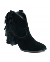 Swishy fringe adds movement to the Seline booties by GUESS. Swishy fringe adds movement to the Seline booties by GUESS.
