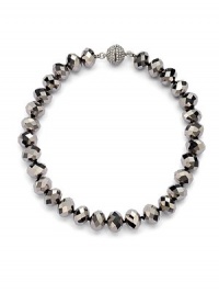 THE LOOKSingle strand of chunky, hematite-color faceted beadsRhinestone sphere screw claspTHE FITLength, about 16½THE MATERIALRhodium-look platingResin beadsGlass rhinestonesORIGINImported THE LOOKSingle strand of chunky, hematite-color faceted beadsRhinestone sphere screw claspTHE FITLength, about 16½THE MATERIALRhodium-look platingResin beadsGlass rhinestonesORIGINImported