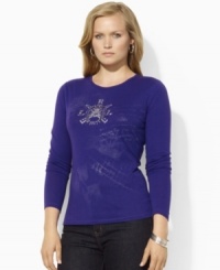 A heritage-inspired crest motif with glittering beads adorns the front of Lauren Ralph Lauren's essential crewneck tee in finely ribbed cotton jersey. (Clearance) A heritage-inspired crest motif with glittering beads adorns the front of Lauren Ralph Lauren's essential crewneck tee in finely ribbed cotton jersey. (Clearance)