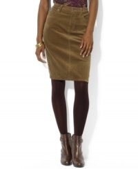 Lauren Jeans Co.'s corduroy skirt with a hint of stretch creates a flattering silhouette when paired with tights for a chic cool-weather look. Lauren Jeans Co.'s corduroy skirt with a hint of stretch creates a flattering silhouette when paired with tights for a chic cool-weather look.