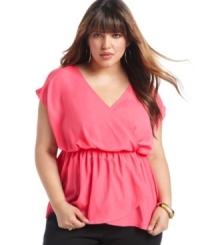 Looking cute is a cinch with Soprano's short sleeve plus size top, accentuated by a banded waist-- team it with your go-to jeans! Looking cute is a cinch with Soprano's short sleeve plus size top, accentuated by a banded waist-- team it with your go-to jeans!