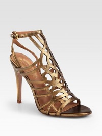 A maze of metallic leather straps surround the foot, finishing with an adjustable ankle strap and ultra-skinny heel. Self-covered heel, 4 (100mm)Metallic leather upperLeather lining and solePadded insoleImportedOUR FIT MODEL RECOMMENDS ordering one half size up as this style runs small. A maze of metallic leather straps surround the foot, finishing with an adjustable ankle strap and ultra-skinny heel. Self-covered heel, 4 (100mm)Metallic leather upperLeather lining and solePadded insoleImportedOUR FIT MODEL RECOMMENDS ordering one half size up as this style runs small.