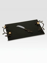 Symbolizing eternity and plenty, the elongated leaves and round fruit of the pomegranate form the graceful handles of this black granite cheese board. From the Pomegranate CollectionGranite, oxidized bronze, goldplate and stainless steel10W X 18½L; knife 8½LHand washImported