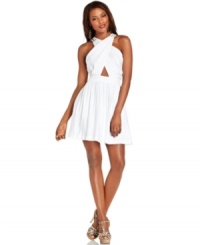 Front crisscross straps and a keyhole make this BCBGeneration dress a soiree stunner -- pop it with bright extras for added impact! Front crisscross straps and a keyhole make this BCBGeneration dress a soiree stunner -- pop it with bright extras for added impact!