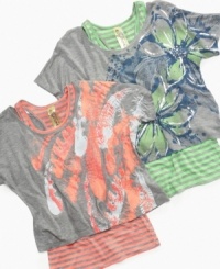 Shake it up. A splash of color paints the crop top of this twofer from Fresh Brewed, making it pair perfectly with the matching striped tank. Shake it up. A splash of color paints the crop top of this twofer from Fresh Brewed, making it pair perfectly with the matching striped tank.