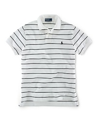 Tailored in a relaxed, comfortable fit that's cut wider through the body, this short-sleeved polo shirt is rendered in breathable cotton mesh with sleek stripes for casual polish. Tailored in a relaxed, comfortable fit that's cut wider through the body, this short-sleeved polo shirt is rendered in breathable cotton mesh with sleek stripes for casual polish.