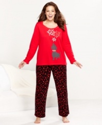 Let it snow. These plus size pajamas by HUE feature a cute dog and snowflakes on the top and polka dot fleece pants. Let it snow. These plus size pajamas by HUE feature a cute dog and snowflakes on the top and polka dot fleece pants.