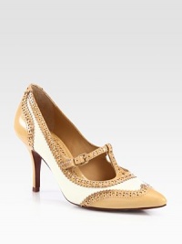 Perforated details and a thin t-strap complete this sophisticated point toe pump of snake-print leather. Shiny leather heel, 3¾ (85mm)Snake-print leather upperAdjustable t-strapPoint toeLeather lining and solePadded insoleImportedThis style runs large. We recommend ordering one half size down for a standard fit. Perforated details and a thin t-strap complete this sophisticated point toe pump of snake-print leather. Shiny leather heel, 3¾ (85mm)Snake-print leather upperAdjustable t-strapPoint toeLeather lining and solePadded insoleImportedThis style runs large. We recommend ordering one half size down for a standard fit.