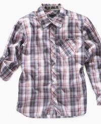 The cherry red stripes of this plaid shirt from DKNY make it a sweet addition to his strong style rotation.