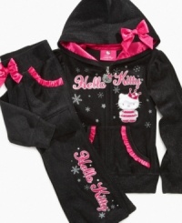 Sweet ruffles and sparkles make these velour pants from Hello Kitty a style she'll love to pull out of the closet again and again. Sweet ruffles and sparkles make these velour pants from Hello Kitty a style she'll love to pull out of the closet again and again.