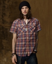 A rugged Western-inspired workshirt is finished with a preppy madras print and short sleeves for an ideal balance of urban and rustic appeal. A rugged Western-inspired workshirt is finished with a preppy madras print and short sleeves for an ideal balance of urban and rustic appeal.