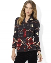Taking a cue from the bold woven patterns of the Southwest, Lauren Jeans Co.'s chic shawl-collar cardigan receives an eye-catching upgrade from a rugged Beacon print. Taking a cue from the bold woven patterns of the Southwest, Lauren Jeans Co.'s chic shawl-collar cardigan receives an eye-catching upgrade from a rugged Beacon print.