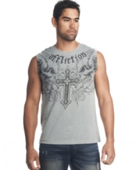 Shed the sleeves when the summer sizzles. This Affliction t-shirt turns up the heat. Shed the sleeves when the summer sizzles. This Affliction t-shirt turns up the heat.