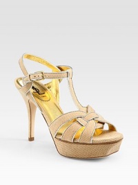 Snake-print suede design with an adjustable ankle strap, metallic leather trim and a substantial platform. Self-covered heel, 4 (100mm)Covered platform, 1 (25mm)Compares to a 3 heel (75mm)Snake-print suede and metallic leather upperLeather lining and solePadded insoleMade in ItalyOUR FIT MODEL RECOMMENDS ordering one half size up as this style runs small. Snake-print suede design with an adjustable ankle strap, metallic leather trim and a substantial platform. Self-covered heel, 4 (100mm)Covered platform, 1 (25mm)Compares to a 3 heel (75mm)Snake-print suede and metallic leather upperLeather lining and solePadded insoleMade in ItalyOUR FIT MODEL RECOMMENDS ordering one half size up as this style runs small.