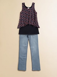 A frilly, floral top with ruffled high-low hem meets a simple tank-style knit for additional coverage and sweet style.ScoopneckSleevelessPullover styleLayered-look with high-low hemLining: 95% rayon/5% spandexPolyesterHand washImported A frilly, floral top with ruffled high-low hem meets a simple tank-style knit for additional coverage and sweet style.ScoopneckSleevelessPullover styleLayered-look with high-low hemLining: 95% rayon/5% spandexPolyesterHand washImported