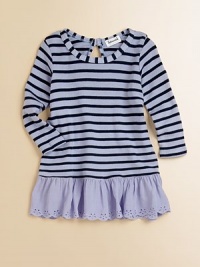 Tailored in a drop-waist silhouette, this striped, long-sleeved frock is beautifully complemented by an eyelet hem.ScoopneckLong sleevesBack keyhole buttonDrop-waistEyelet hem38% pima cotton/38% modal/24% polyesterMachine washImported Tailored in a drop-waist silhouette, this striped, long-sleeved frock is beautifully complemented by an eyelet hem.ScoopneckLong sleevesBack keyhole buttonDrop-waistEyelet hem38% pima cotton/38% modal/24% polyesterMachine washImported