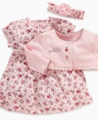 She'll be the talk of tea-time in this adorable floral dress, cardigan and headband 3-piece set from Guess. She'll be the talk of tea-time in this adorable floral dress, cardigan and headband 3-piece set from Guess.