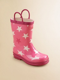 She'll love stomping in puddles when she pulls on these adorable rubber boots with a soft jersey lining, pink stars and handles for easy on and off.Rubber upperCotton liningRubber soleImported