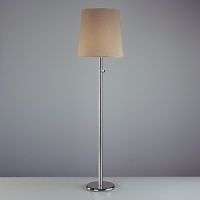Modern floor lamp with clean, simple lines. Full range dimmer. Polished nickel finish over metal. Taupe Clairborne fabric shade. Modern floor lamp with clean, simple lines. Full range dimmer. Polished nickel finish over metal. Taupe Clairborne fabric shade.