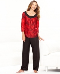 Casual comfort with an elegant twist. One World dresses up these perfectly lounge-worthy pajamas with a print of lace and dripping jewels. Casual comfort with an elegant twist. One World dresses up these perfectly lounge-worthy pajamas with a print of lace and dripping jewels.