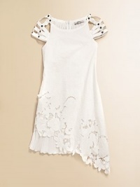 She'll turn heads in this stunningly unique, plush cotton frock with asymmetrical hem and lovely cutout details.Round necklineCap sleeves with cut out detailsBack zipperAsymmetrical hem with lace overlayCotton with polyester and cotton trimDry cleanImported She'll turn heads in this stunningly unique, plush cotton frock with asymmetrical hem and lovely cutout details.Round necklineCap sleeves with cut out detailsBack zipperAsymmetrical hem with lace overlayCotton with polyester and cotton trimDry cleanImported
