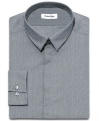 A shadowy gray pattern makes this slim-fit shirt from Calvin Klein right at home in the concrete jungle. A shadowy gray pattern makes this slim-fit shirt from Calvin Klein right at home in the concrete jungle.