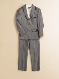 He'll love to play dress up in this essential wool-blend, single-breasted suit jacket with notch lapel.Notch lapelLong sleeves with button detail cuffsSingle-breasted with two button silhouetteTwo front faux-slash pocketsInside patch pocketBack ventFully lined96% wool/4% elastaneDry cleanImported Please note: Number of buttons may vary depending on size ordered He'll love to play dress up in this essential wool-blend, single-breasted suit jacket with notch lapel.Notch lapelLong sleeves with button detail cuffsSingle-breasted with two button silhouetteTwo front faux-slash pocketsInside patch pocketBack ventFully lined96% wool/4% elastaneDry cleanImported Please note: Number of buttons may vary depending on size ordered