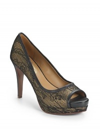THE LOOKPeep-toeLace overlay on leatherStiletto heelPadded insoleTHE FITLeather-covered heel 3½ (90mm)Double platform, ¾ (20mm)Compares to a 2¾ heel (70mm)THE MATERIAL70% leather/30% polyester lace upperLeather lining and soleORIGINImported THE LOOKPeep-toeLace overlay on leatherStiletto heelPadded insoleTHE FITLeather-covered heel 3½ (90mm)Double platform, ¾ (20mm)Compares to a 2¾ heel (70mm)THE MATERIAL70% leather/30% polyester lace upperLeather lining and soleORIGINImported
