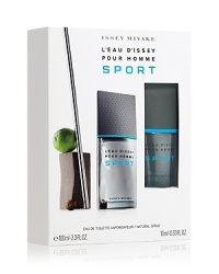 A sensation of freshness like a breath of fresh air on mountain tops. Experience the pure emotions of L'Eau d'Issey Pour Homme Sport with a two-piece set, featuring a 3.3 oz. Eau de Toilette Spray and a 10 mL travel-size Eau de Toilette Spray. A sensation of freshness like a breath of fresh air on mountain tops. Experience the pure emotions of L'Eau d'Issey Pour Homme Sport with a two-piece set, featuring a 3.3 oz. Eau de Toilette Spray and a 10 mL travel-size Eau de Toilette Spray.