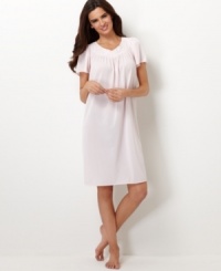 At the day's end, nothing is easier than this delicately embroidered tricot gown by Miss Elaine. At the day's end, nothing is easier than this delicately embroidered tricot gown by Miss Elaine.