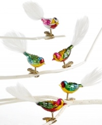 Enliven a Christmas tree with these very clever clip-on glass bird ornaments from Kurt Adler. With their jewel-tone bodies and long white feather tails, they also make a beautiful gift. Enliven a Christmas tree with these very clever clip-on glass bird ornaments from Kurt Adler. With their jewel-tone bodies and long white feather tails, they also make a beautiful gift.