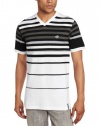 Southpole Men's V-Neck Engineered Stripe Tee With Upper Body Concentrated Stripes