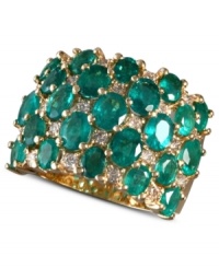 Be the envy of all onlookers. EFFY Collection's glam cocktail ring highlights dozens of oval-cut emeralds (5-5/8 ct. t.w.) interspersed with sparkling round-cut diamonds (5/8 ct. t.w.). Band set in 14k gold. Approximate width: 7/8 inch. Be the envy of all onlookers. EFFY Collection's glam cocktail ring highlights dozens of oval-cut emeralds (5-5/8 ct. t.w.) interspersed with sparkling round-cut diamonds (5/8 ct. t.w.). Band set in 14k gold. Approximate width: 7/8 inch.
