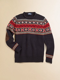 A hearty sweater is perfect for the holiday season with an intarsia-knit motif and suede elbow patches.Rollneck collarLong sleeves with ribbed cuffsSuede elbow patchesPullover style with shoulder button detailRibbed hemCottonMachine washImported A hearty sweater is perfect for the holiday season with an intarsia-knit motif and suede elbow patches.Rollneck collarLong sleeves with ribbed cuffsSuede elbow patchesPullover style with shoulder button detailRibbed hemCottonMachine washImported