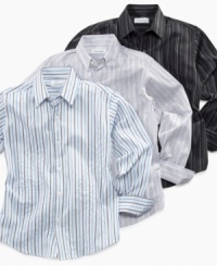 Build up the basics. A collared, button down shirt from Calvin Klein gets stylish with stripes and can dress up any pair of jeans or pants. Build up the basics. A collared, button down shirt from Calvin Klein gets stylish with stripes and can dress up any pair of jeans or pants.