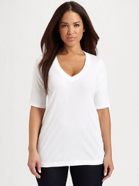 Super-soft pima cotton and modal knit will make this tee the one you reach for, time and time again.Ribbed knitThree-quarter sleevesAbout 29 from shoulder to hem50% pima cotton/50% micro modalMachine washMade in USA Super-soft pima cotton and modal knit will make this tee the one you reach for, time and time again.Ribbed knitThree-quarter sleevesAbout 29 from shoulder to hem50% pima cotton/50% micro modalMachine washMade in USA