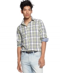 Play up summer patterns with this plaid shirt from Kenneth Cole Reaction for a seasonal cool look. Play up summer patterns with this plaid shirt from Kenneth Cole Reaction for a seasonal cool look.