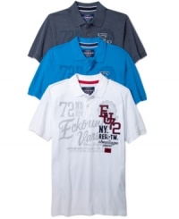 This Ecko Unltd graphic print polo pairs street style with preppy design. This Ecko Unltd graphic print polo pairs street style with preppy design.