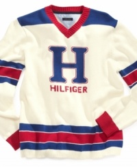 Root for the home team. Pair this hockey-inspired sweater by Tommy Hilfiger with his favorite pair of jeans for the ultimate sporty look. Root for the home team. Pair this hockey-inspired sweater by Tommy Hilfiger with his favorite pair of jeans for the ultimate sporty look.