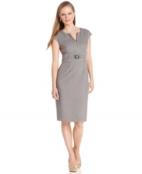 Kasper updates a petite sheath silhouette with a chic split-neck design and seamed waist with a buckled detail. Kasper updates a petite sheath silhouette with a chic split-neck design and seamed waist with a buckled detail.