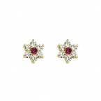 14K Yellow Gold Plated Red Flower CZ Stud Earrings with Screw-back for Children & Women